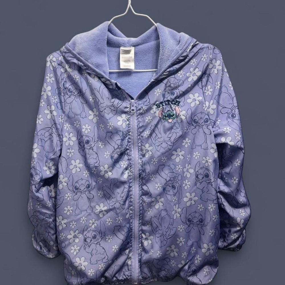 Disney Stitch Floral Fleece Lined Windbreaker Jacket Purple Girls Size 12